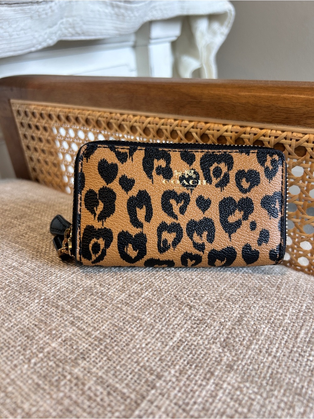 Coach Tan and Black Leopard-Print Zip Card Wallet